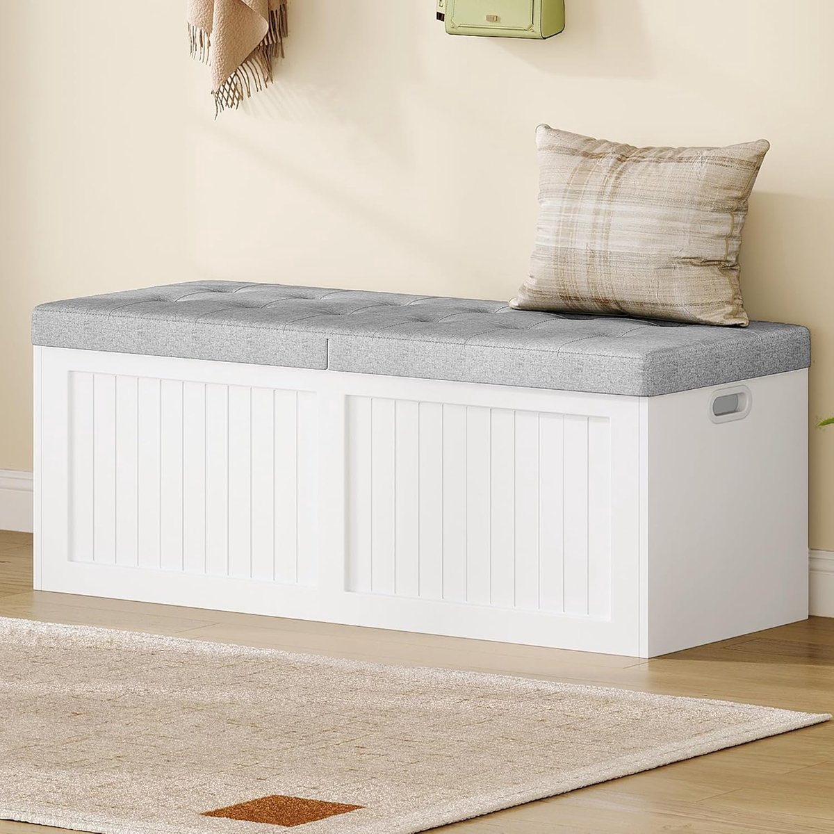 Hzuaneri Schoenenbank met opbergruimte, 109 cm, met linnen kussen, wit-grijs, Zitbank, opbergbox, voor woonkamer, foyer en entree, 40 x 109 x 44,5 cm