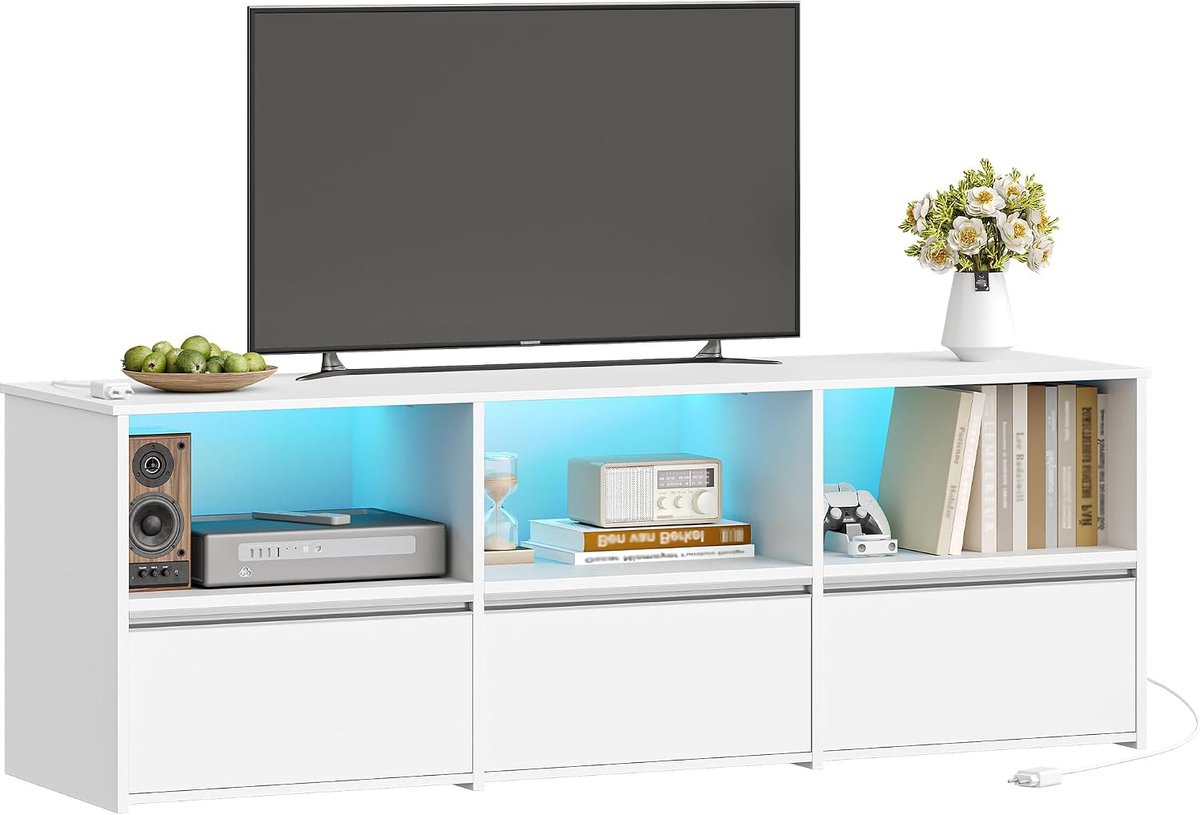 Hzuaneri TV-meubel, Lowboard voor tv's tot 65 inch met RGB LED-verlichting (25 kleuren), 143,5 cm lang, TV-meubel met 3 lades, 3 open vakken voor woonkamer, slaapkamer, wit