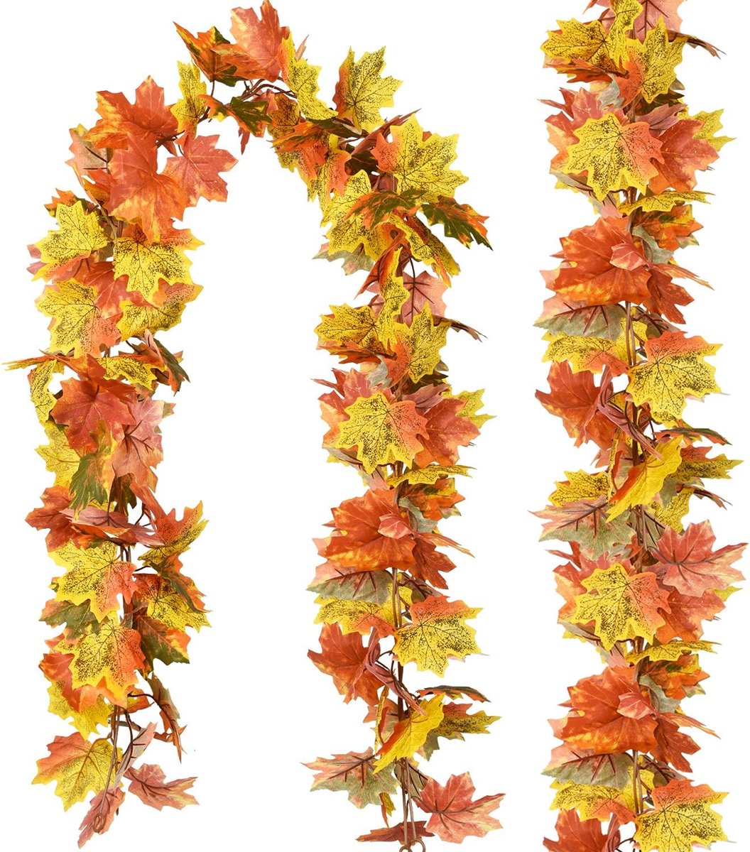 Kunstmatige Gele Esdoorn Bladeren Slinger – Herfstdecoratie – Realistische Kunstbladeren – 2 Stuks –180 cm – Voor Woonkamer, Tuin, Feestdecoratie & Halloween