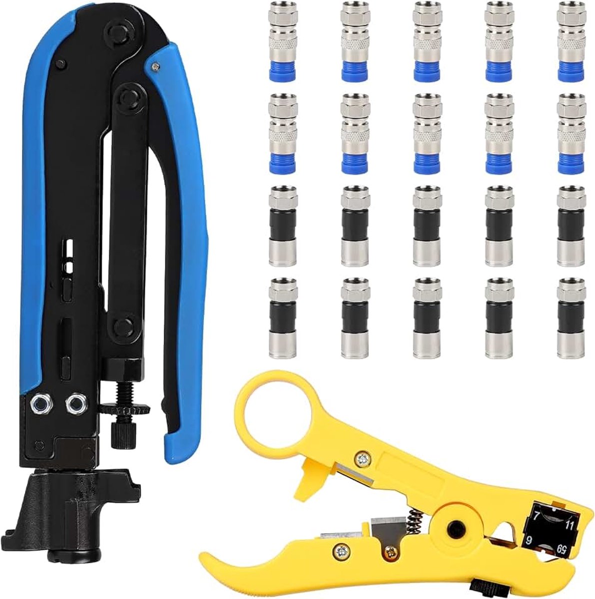 Compressietangset, striptang, coaxkabel, krimptang striptang G6 RG59 RG7 RG11, krimptang kit, met 20 stuks compressie F-stekker RG6 voor coaxkabel