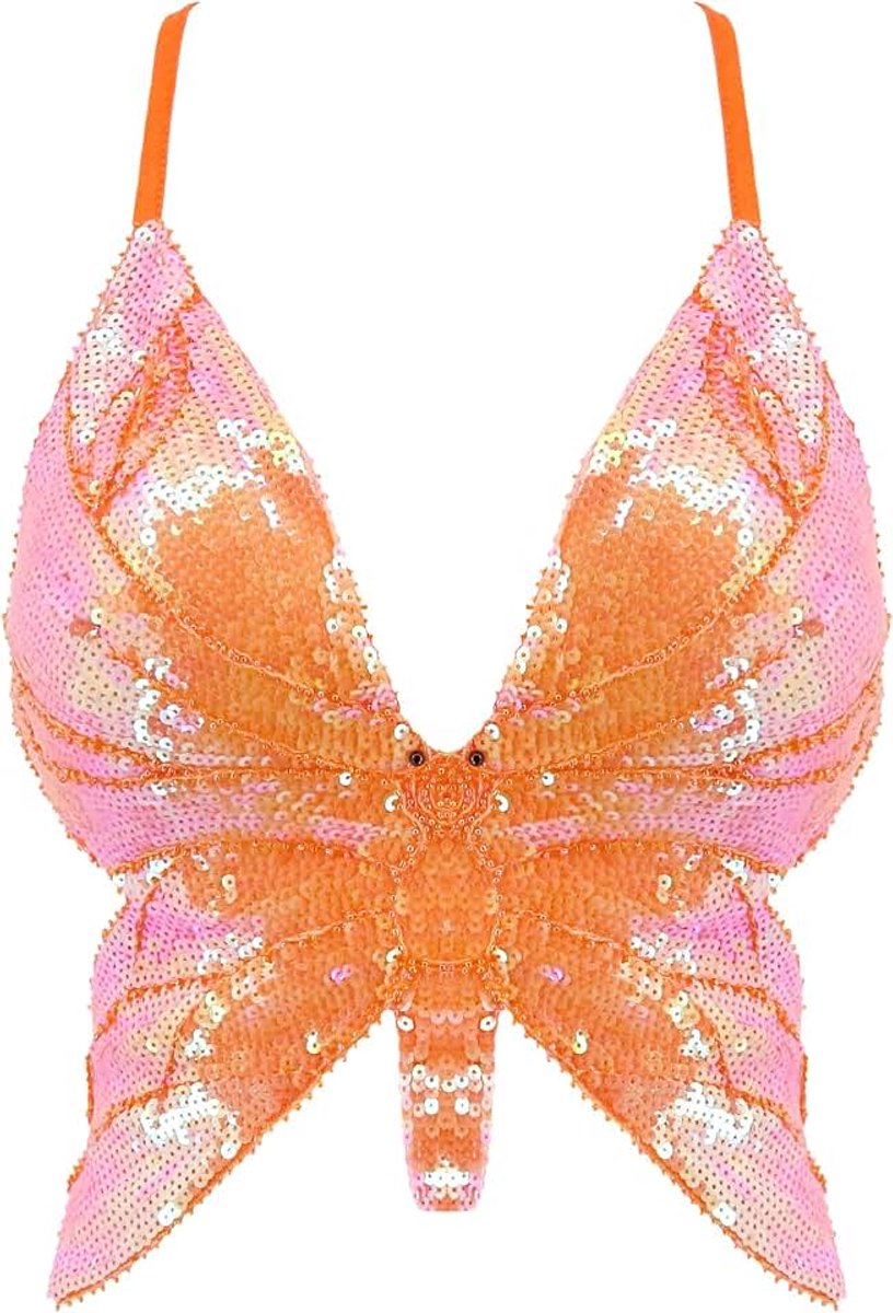 Dames-topje met glitters en pailletten in vlindermotief, laag uitgesneden buistopje in festivalstijl, voor buikdanskleding