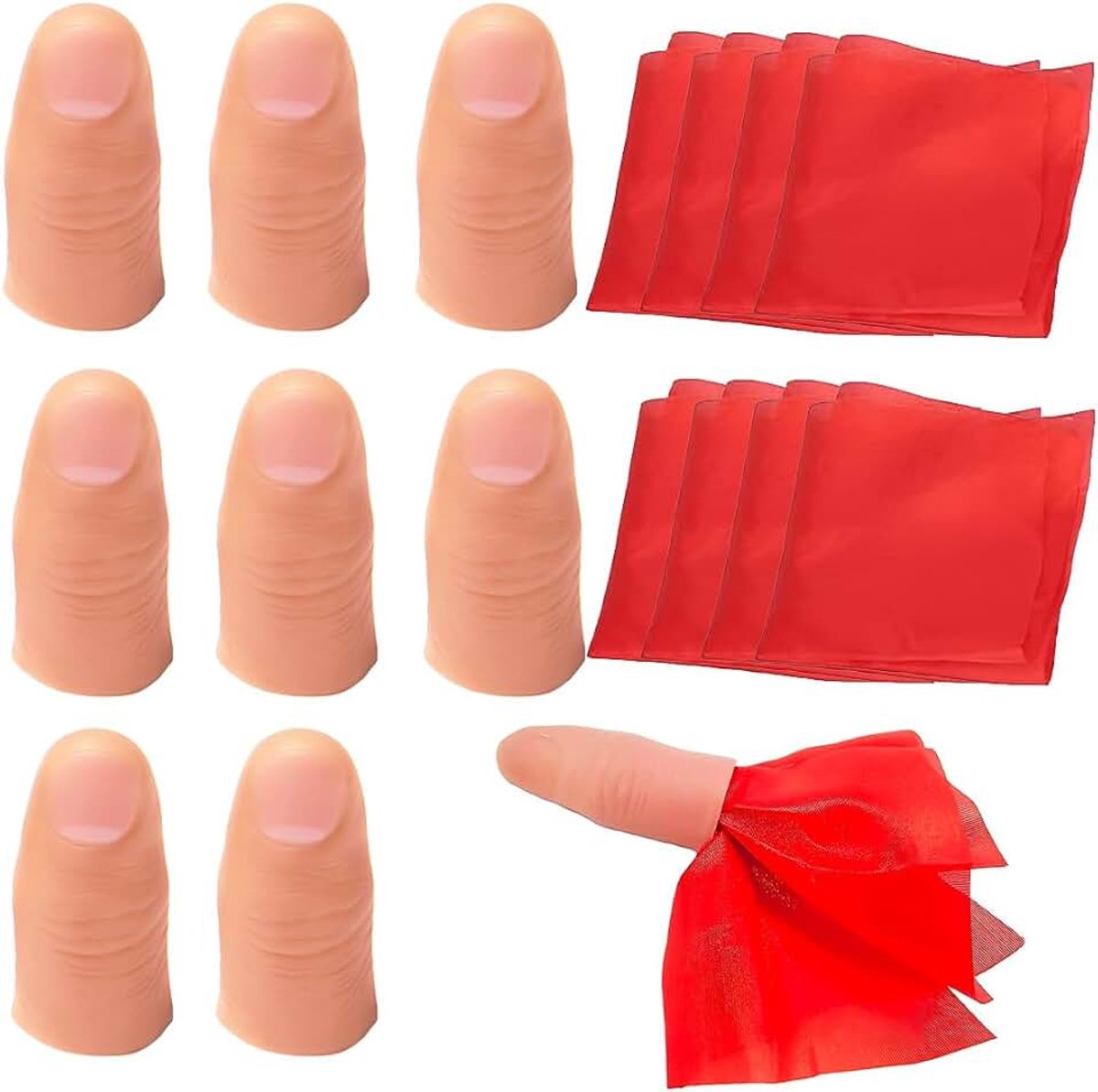 8 Set Oggetti Magici, Design Realistico Versatile, Pollice Magico Con Fazzoletto Rosso Per Spettacoli Di Magia, Feste (Gomma)