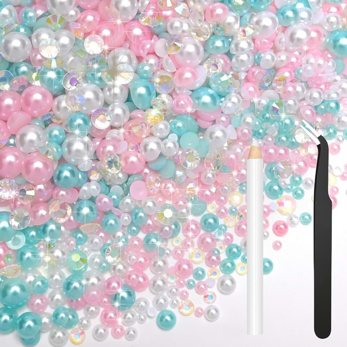 80g Mix Flatback Parels Roze Blauw Wit Steentjes voor Kleding Halve Ronde Parels Edelstenen Steentjes voor Ambachten Gezicht Nail Art Flessen Tumblers Schoenen Gift DIY Bedazzling (Maat 2mm