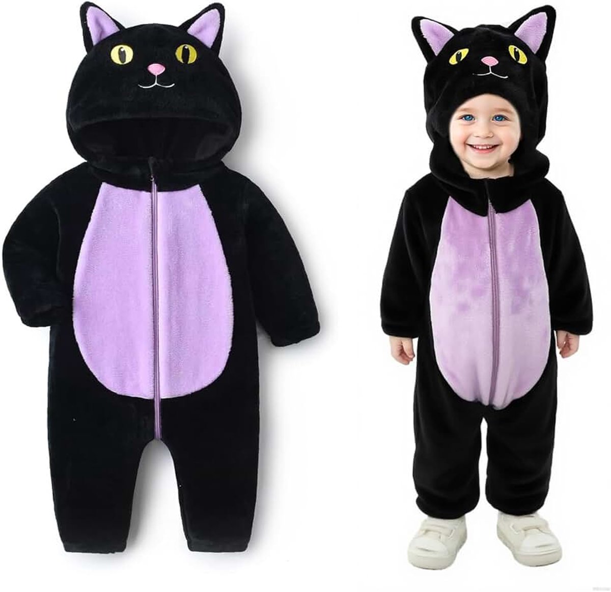 Eenstuks Halloween-kostuum, kat voor jongens en meisjes, kattenkostuum, zwart, voor kinderen, voor themafeestjes, Halloween, carnaval, kerstmis, maskerade