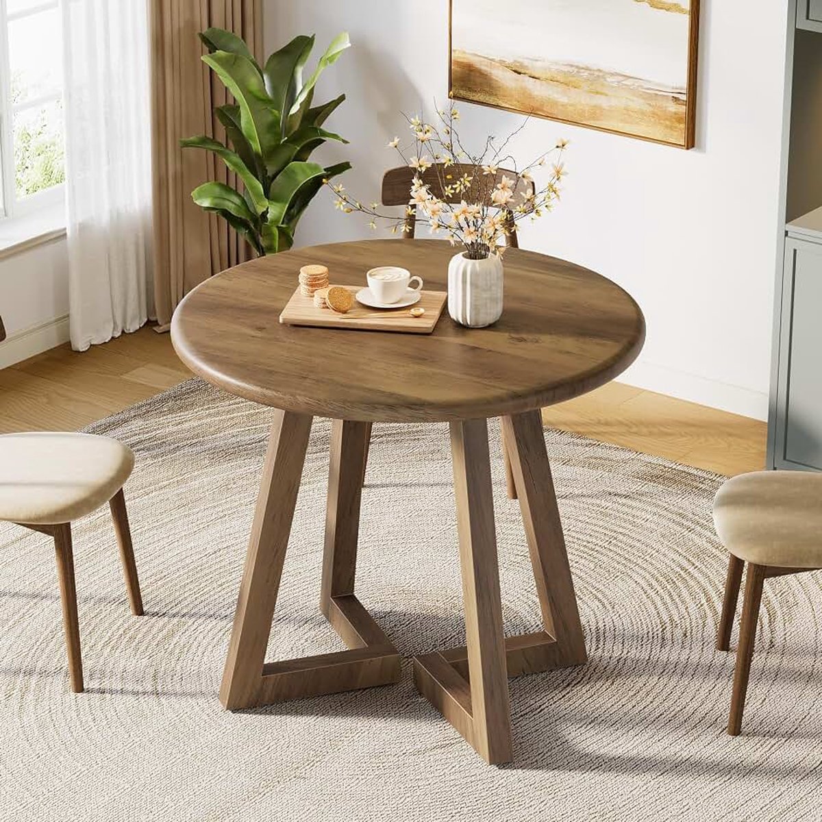 Kleine ronde eettafel voor 2 tot 4 personen, 80 cm, keukentafel voor eetkamer, woonkamer, bruin (alleen tafel)