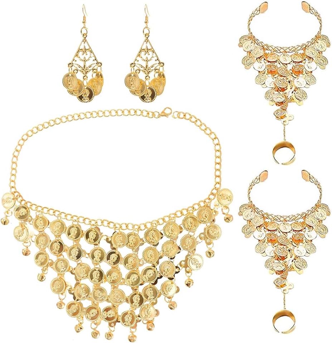 1 halsketting, 1 paar oorbellen en 1 paar armbanden, buikdanskostumaccessoires, vintage accessoires, dansvoorstellingsaccessoires.