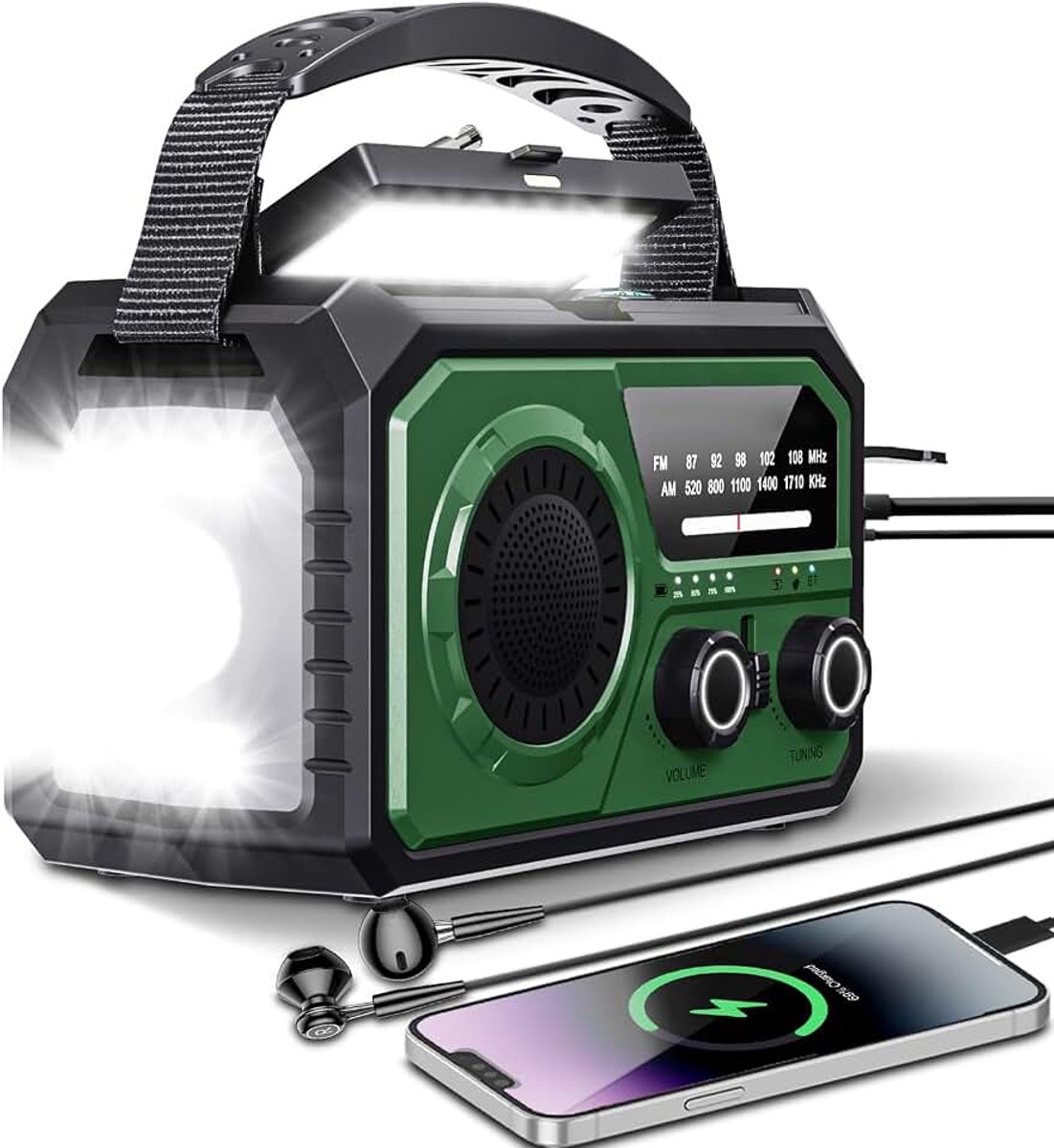 16000 mAh zonne-radio, AM/FM zwengelradio, draagbaar, USB-noodradio met 59200 mWh oplaadbare batterij, led-zaklamp, SOS-alarm en handslinger, dynamo voor kamperen, reizen (legergroen)