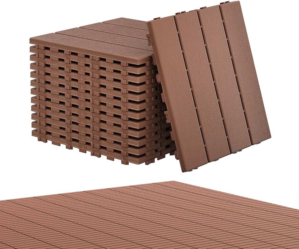 11 stuks balkontegels 30 x 30 cm, terrastegels in houtlook, waterdichte tuintegels kunststof met kliksysteem, vloerbedekking voor balkon, terras, buiten, donkere koffie, 1 m², bruin