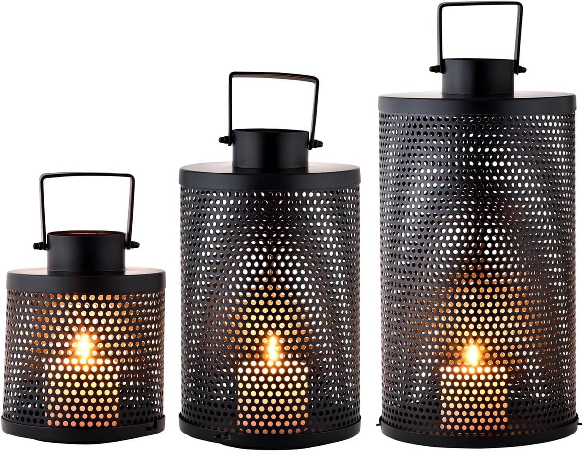 Decoratieve Lantaarns - Windlichten Kaarshouders - Sfeervolle Verlichting - Scandinavisch Design - Set van 3 - Zwart
