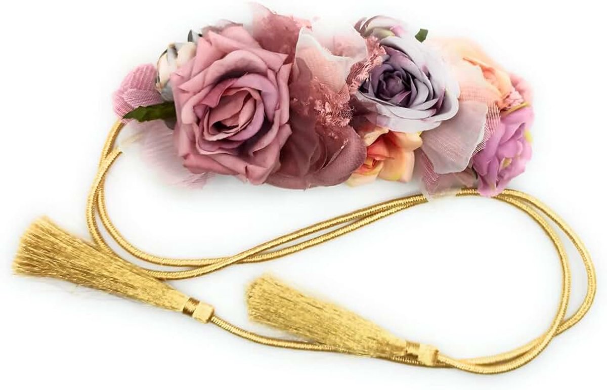 Bloemenriem voor feestjurken voor dames, elastische riem met kunstbloemen, Gouden koord, bloemen, kaasjeskruid, hasta talla 40