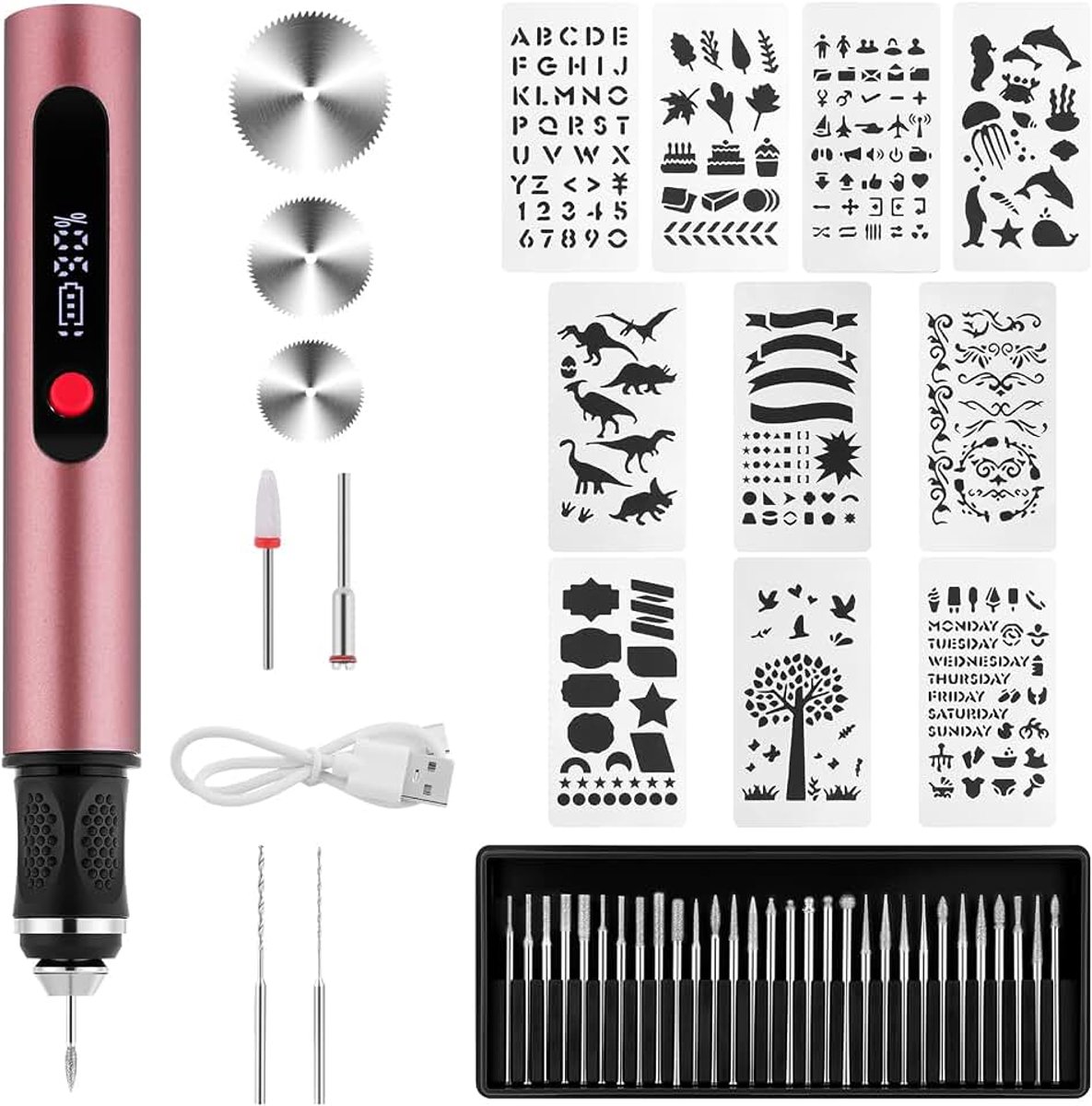 Elektrische graveerpen, oplaadbare draadloze graveerpen met 30 bits, 10 sjablonen, graveerpen gereedschapsset voor sieraden, hout, glas, keramiek
