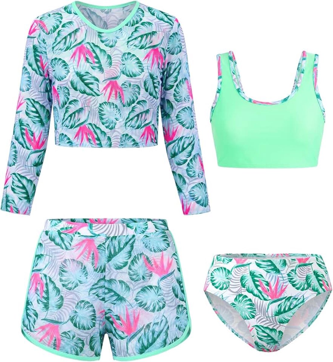 4-delig badpak voor meisjes, bikiniset met tropische print, lange mouwen, bedekkende rashbescherming, badmode badpak met shorts voor kinderen, twee-meisjes van 7-14 jaar