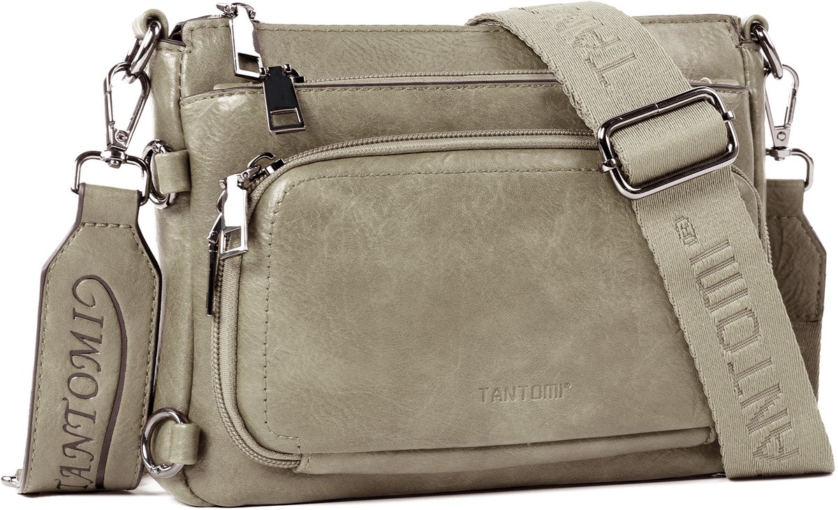 TANTOMI - Schoudertas dames - Crossbody tas - met met verstelbare en afneembare brede Schouderband - met meerdere ritsvakken - kleine schoudertas - Taupe