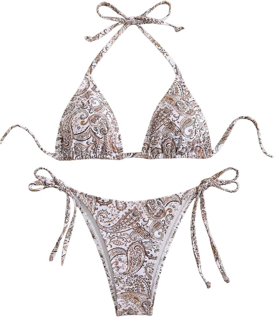 Bikiniset voor dames, driehoekig, figuurcorrigerend, bikiniset, met patroon, badmode, 2-delig, nekhouder, strandpak met knopen