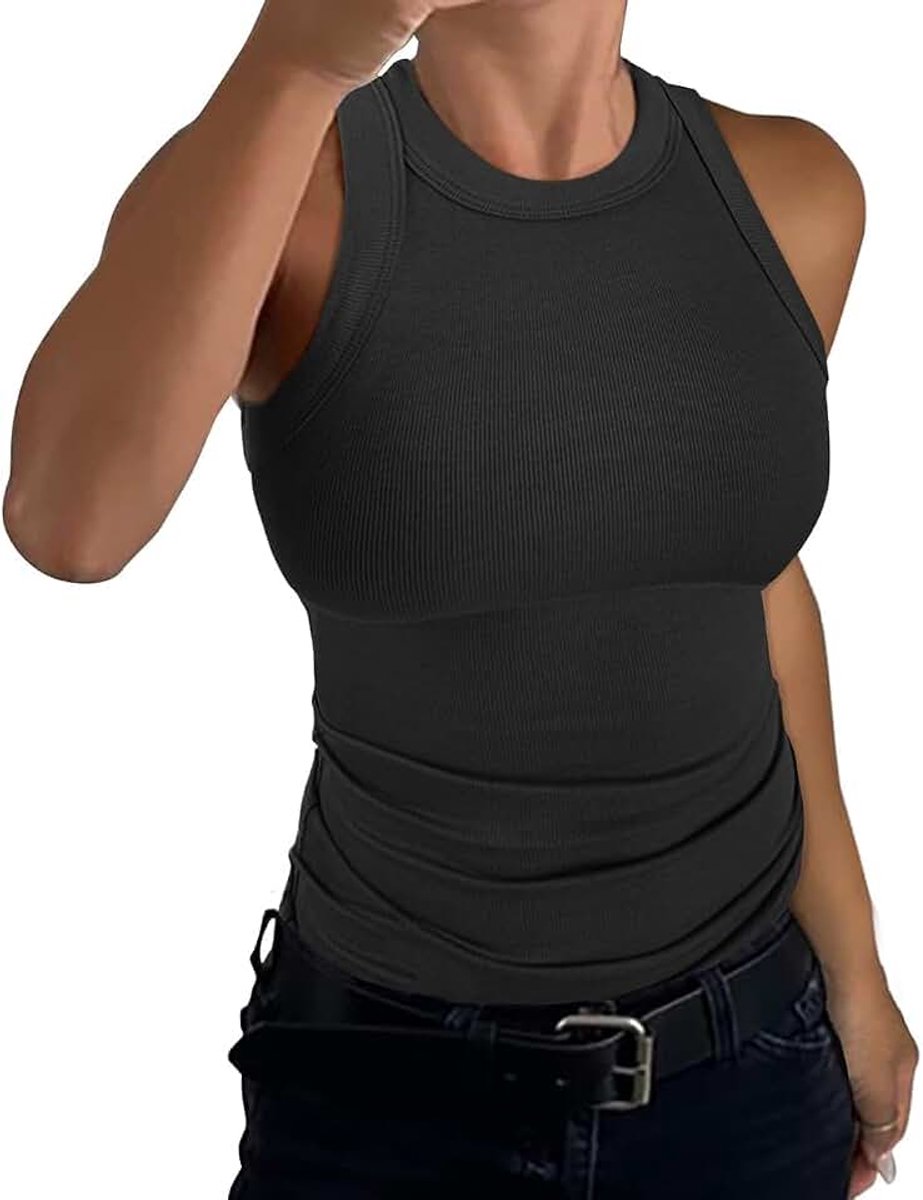 Mouwloos racerback tanktop met hoge hals, ronde hals, geribbeld, slim fit, basic shirt, sexy boventiel, zomer, vest, geribbelde tops