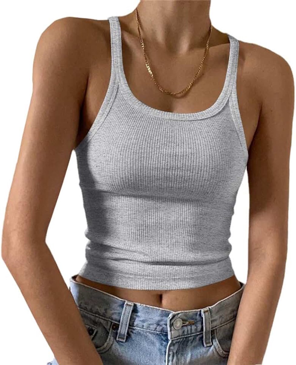 Women's Sleeveless Tank Top Form Fitting Scoop Neck Ribbed Knit Basic Cami Tight Fitted Heather Grey, S