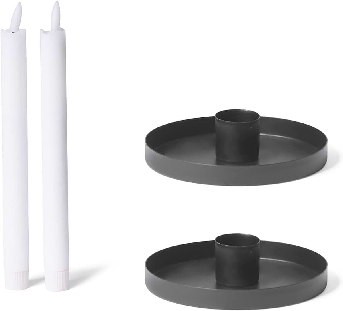 2 x staafkaarsenhouders, rond, metaal, diameter 9 cm, zwart, met ledkaarsen, premium echte was, vlamloos, kaarsenhouder, kaarsenpick, adventskrans, scandic, chic, kaarsplaat, decoratieve schaal