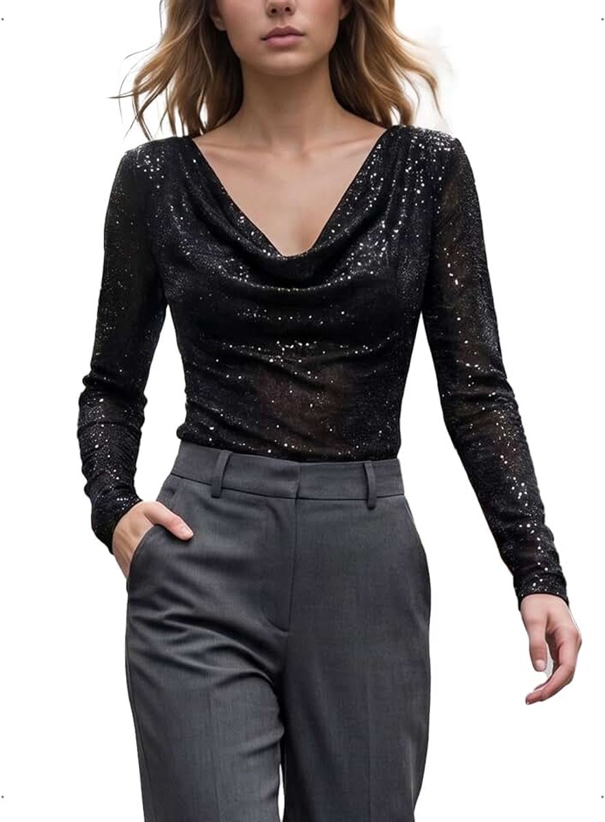 Meshtop Voor Dames, Lange Mouwen, Transparant Topje, Zwart, Y2K, Met Pailletten En Gedrapeerde Kraag, Netshirt, Doorzichtig, Clubwear, Feesttop