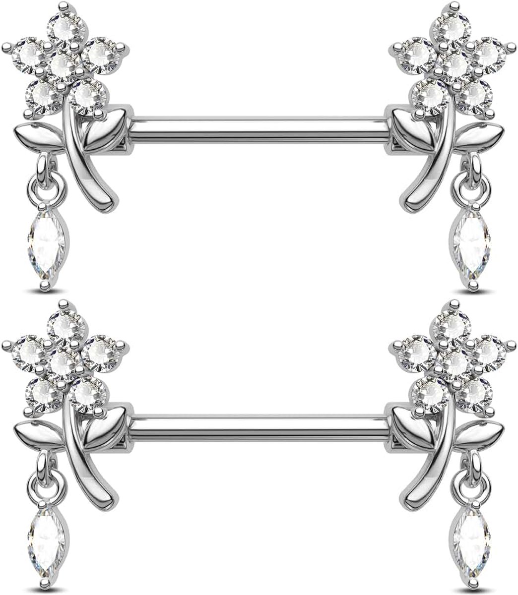 Fleur tepelring CZ tepelstaafjes dangle bars 316L roestvrij staal bars 14G piercing sieraden 2 stuks, Roestvrij staal