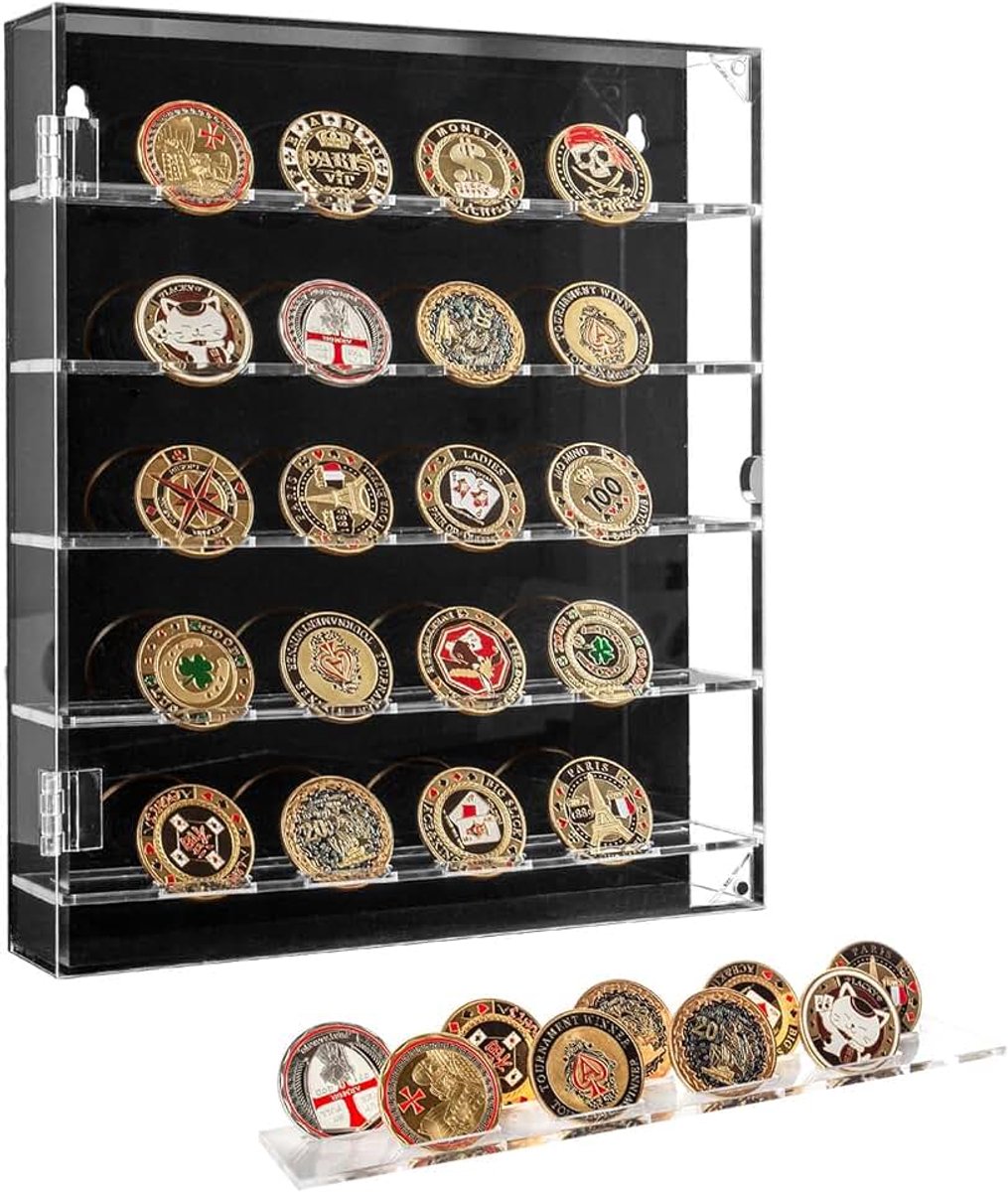 Muntenvitrine, acryl munthouder-display, 5 etages, uitdagende muntendisplay met afneembare planken en magnetische deur, muntbox past op 45 militaire medailles, badge