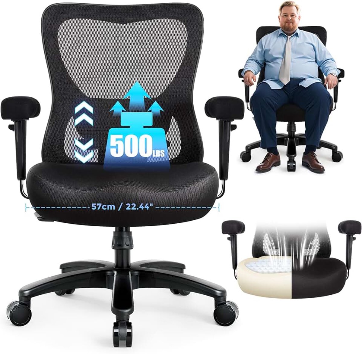 Bureaustoel 200kg XXL, Bureaustoel Ergonomisch, Grote en hoge bureaustoel, Mesh computerstoel met verstelbare lendensteun en extra breed veerkussen 4D armleuningen (Zwart)