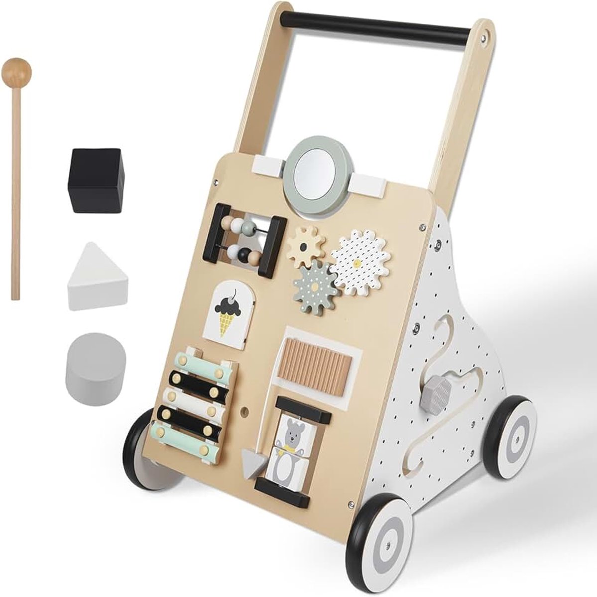 Loopwagen voor baby's, van hout | Met activiteit, 9-in-1 loophulp met Montessori speelgoed, multifunctioneel, babywalker voor baby's vanaf 12 maanden