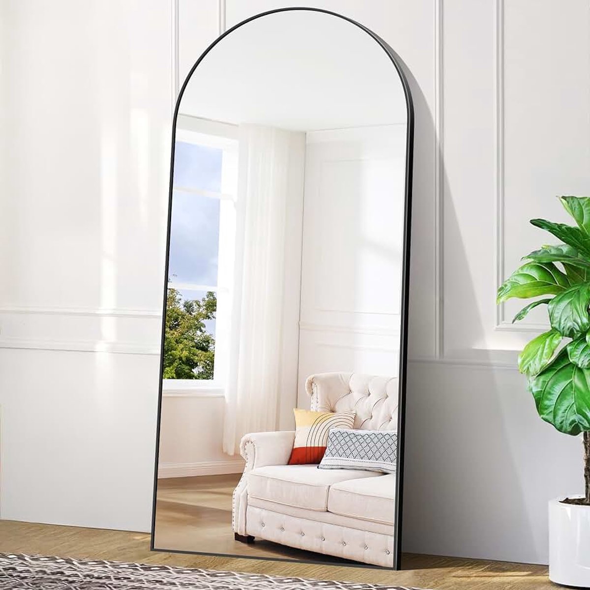 Staande Spiegels 192x85 cm, Gebogen Spiegel Volledige Lengte Zwart, Grote Vloer Wandspiegel met Stand, Full-body spiegel, voor woonkamer, slaapkamer en entree