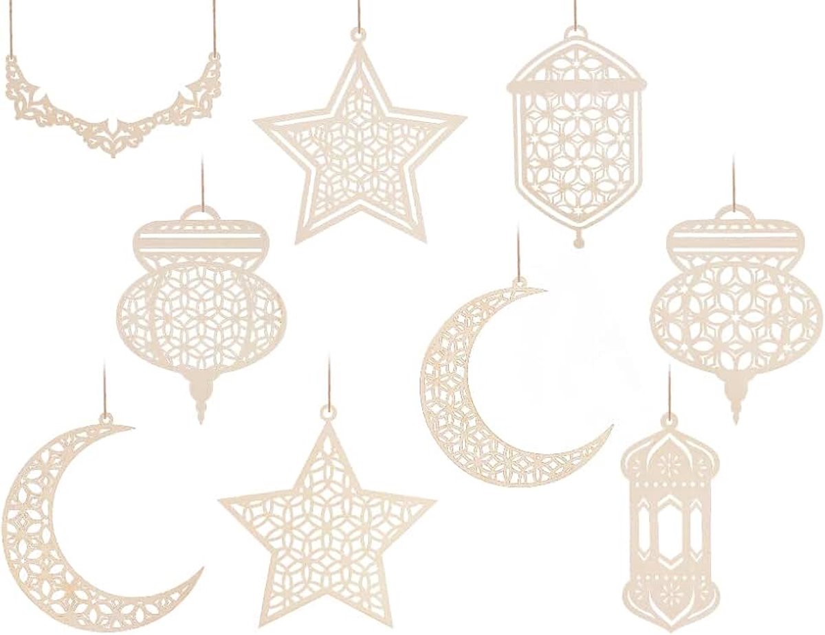9 stuks houten ornamenten van hout, ramadan kareem, ramadan kareem ornament om op te hangen, houten hanger voor Ramadan, Eid al Fitr, moslims, islam