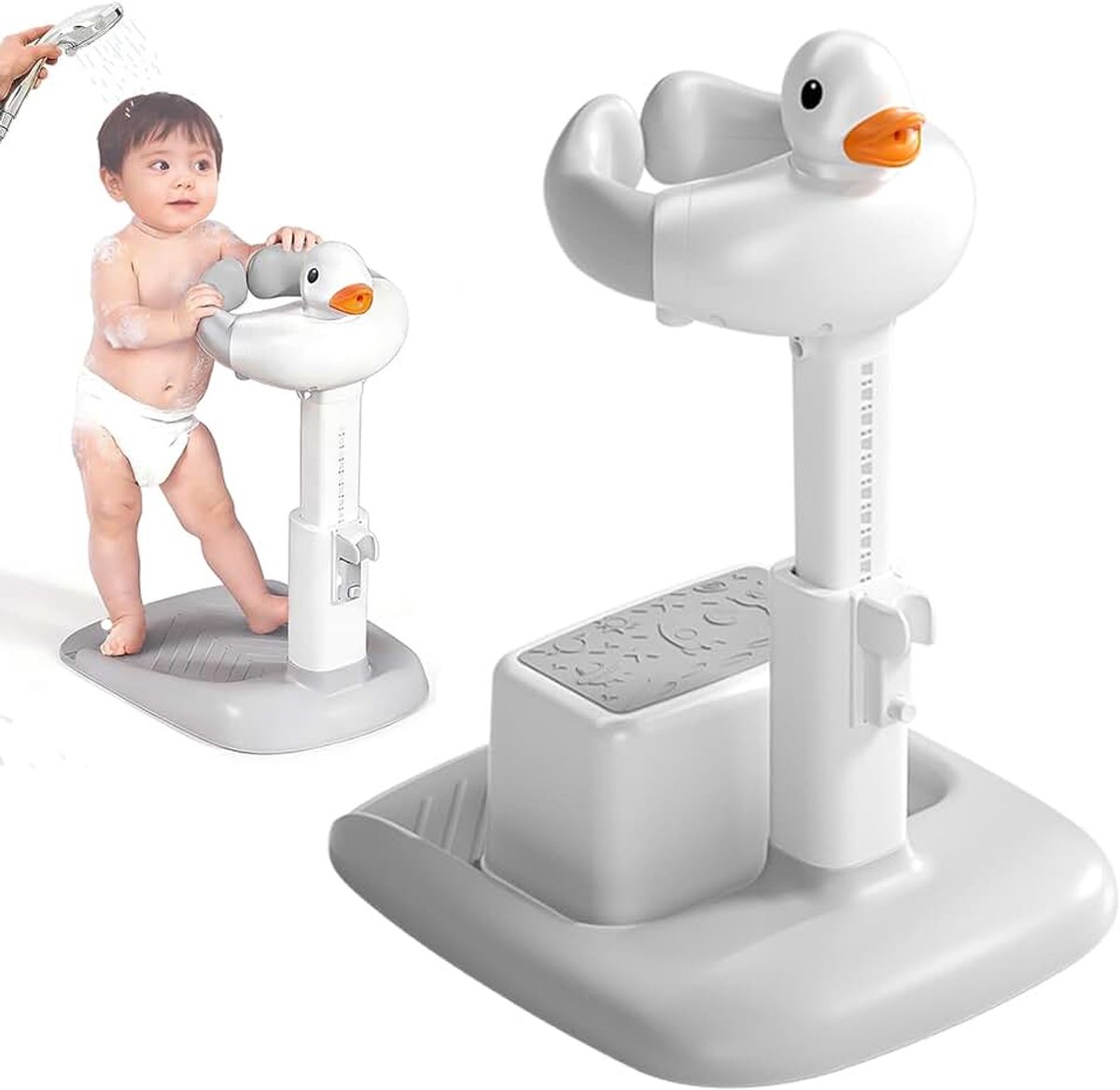 Babybadhouder, in hoogte verstelbaar | Ergonomisch design met verstelbare armen, antislip basis en geluid eendenkop, veilig voor het baden van kinderen.