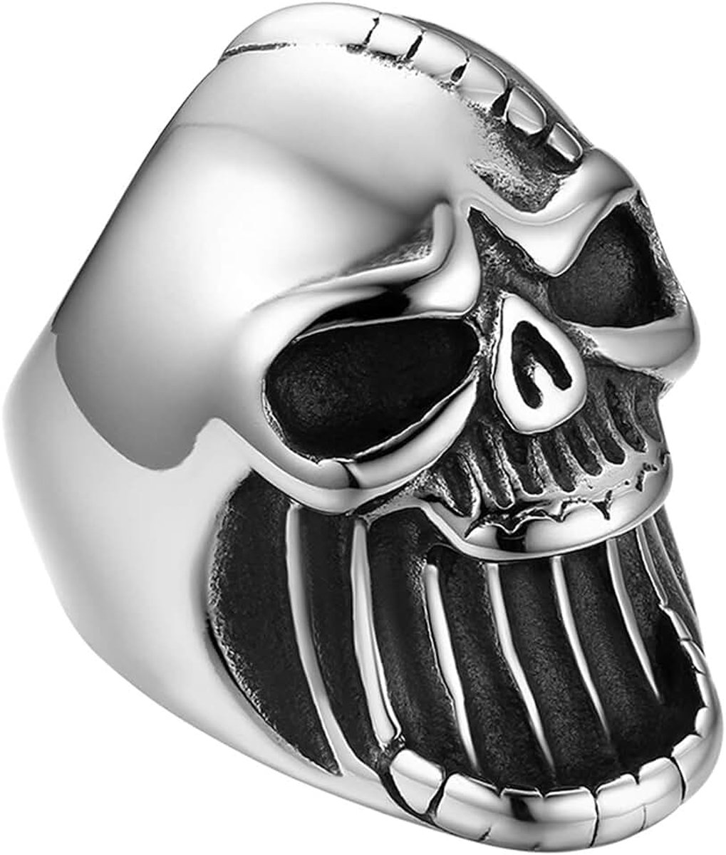 Ringen, zilverkleurig, doodshoofd, schedel, retro, punk, biker, bandring, zegelring, duimring, comfortabel, passende herenaccessoires, Roestvrij staal