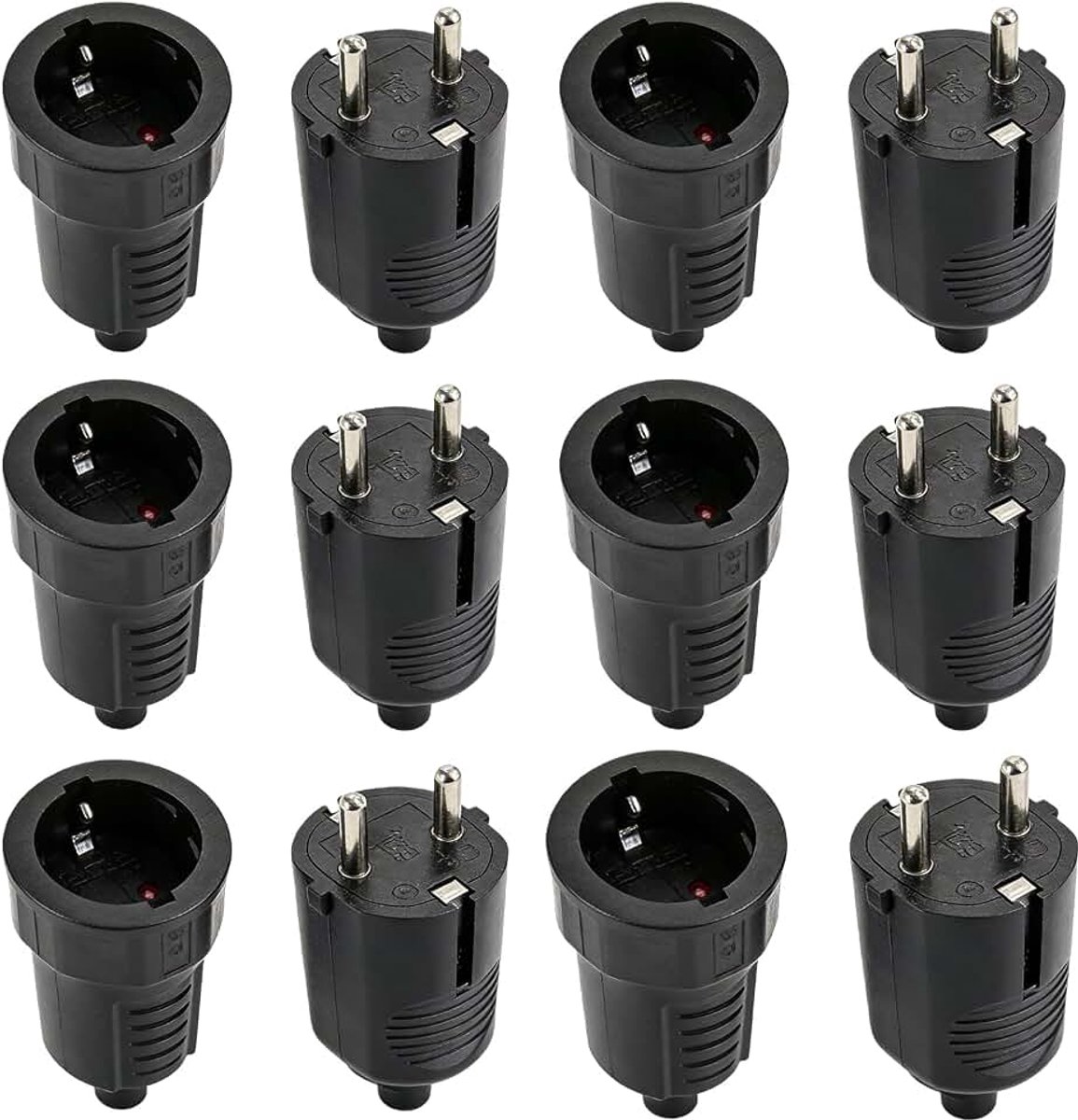 6 paar stekkerkoppelingen, rubberen stekkerkoppelingsset, geaarde stekker, vlamvertragend, Ip20, 250V, 16a, 3000W, stroomstekker, geaarde contactset voor buiten, kabelstekker, zwart
