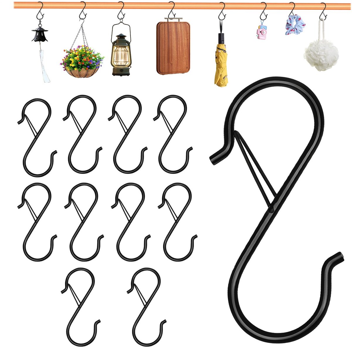 S-haken met veiligheidsklem, stevige metalen S-vormige haken voor keuken, kast, planten, potten, gereedschap, kleding en buitenverlichting