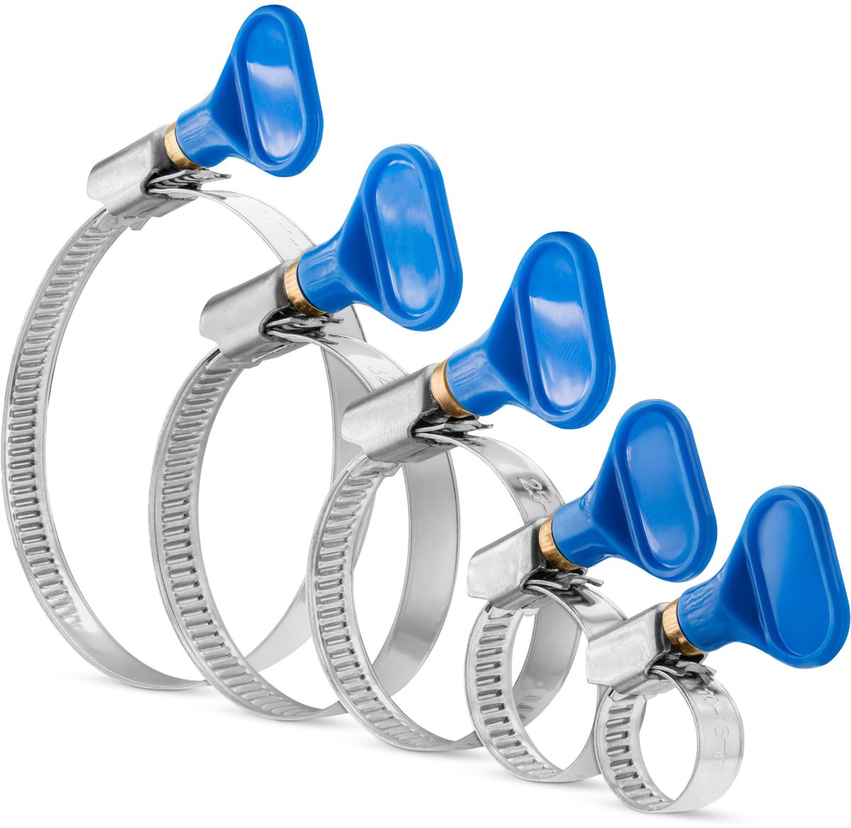 Slangklemmen met Roestvrijstalen Vleugelmoer, Klembereik 10-70 mm, W2 Kwaliteit, Blauw