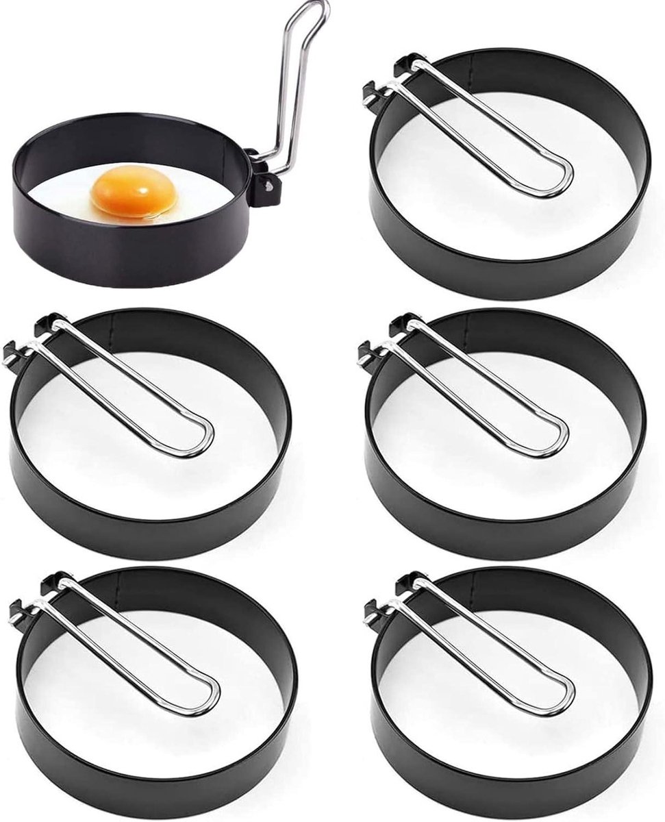 Omelet Vorm - Spiegelei Vormpjes - Ontbijt Bakken - Antiaanbaklaag - 6 Stuks - Zwart