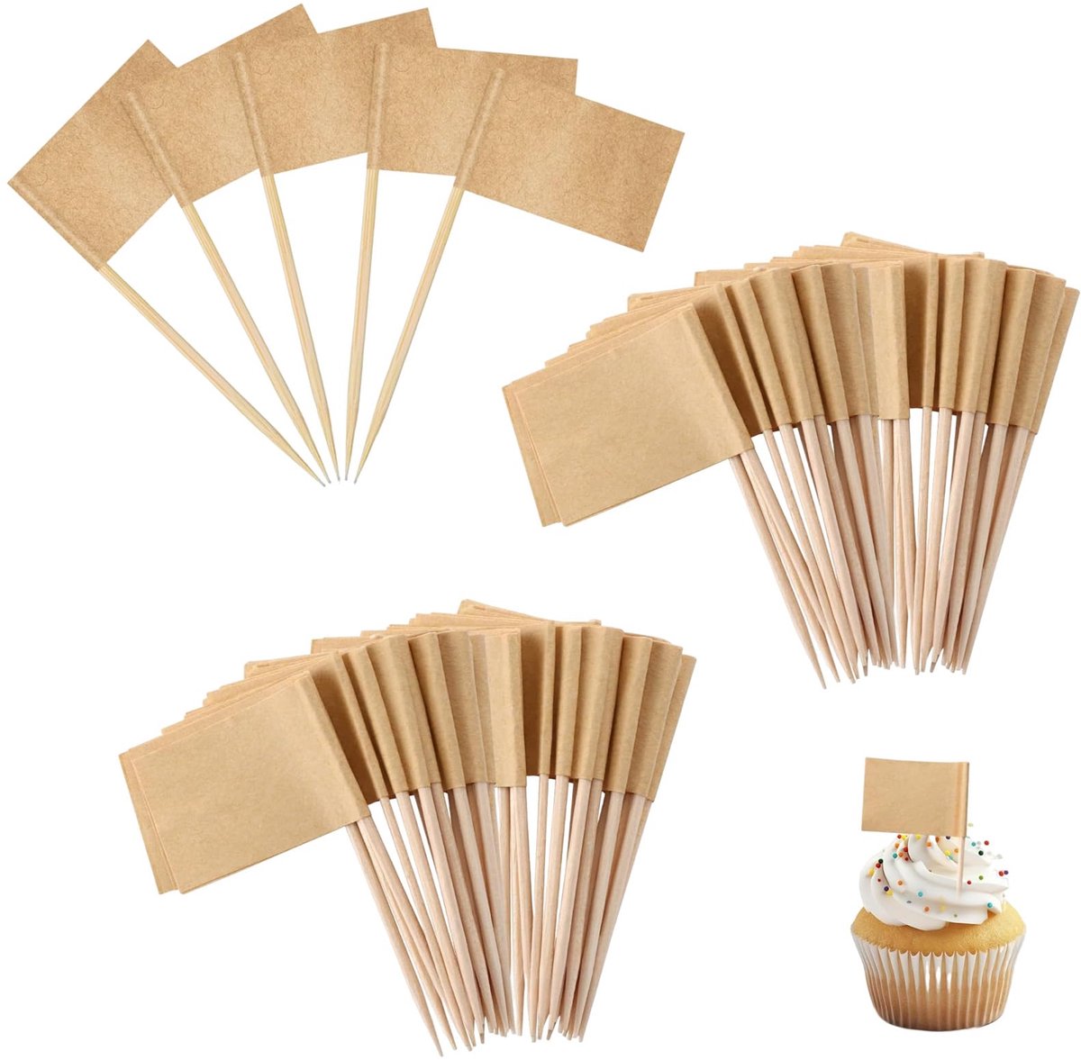 100 stuks lege tandenstokers, vlaggen, kraftpapier, vlaggenprikkers, tandenstokers, vlaggetjes voor feesteten, cupcake-decoratie, kaasetiket, fruitsalade