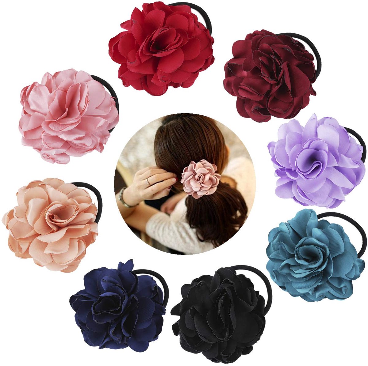 handgemaakte bloemenhaarstrikken, elastische smalle haarband, haarelastiek, paardenstaart-houder, ringlus voor dames en meisjes, 8 stuks