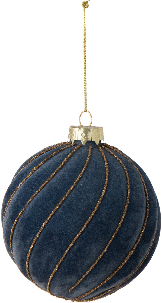 J-Line Gestreepte kerstbal - glas - donkerblauw/goud - large - set van 18