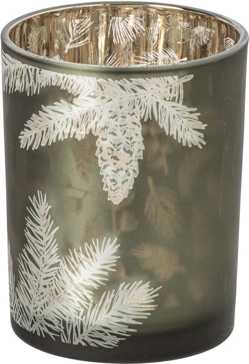 J-Line Windlicht met dennenappel - glas - donkergroen - medium - set van 2