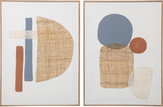 Set van twee abstracte kunstwerken met beige, blauwe en terracotta geometrische vormen op een houten frame.