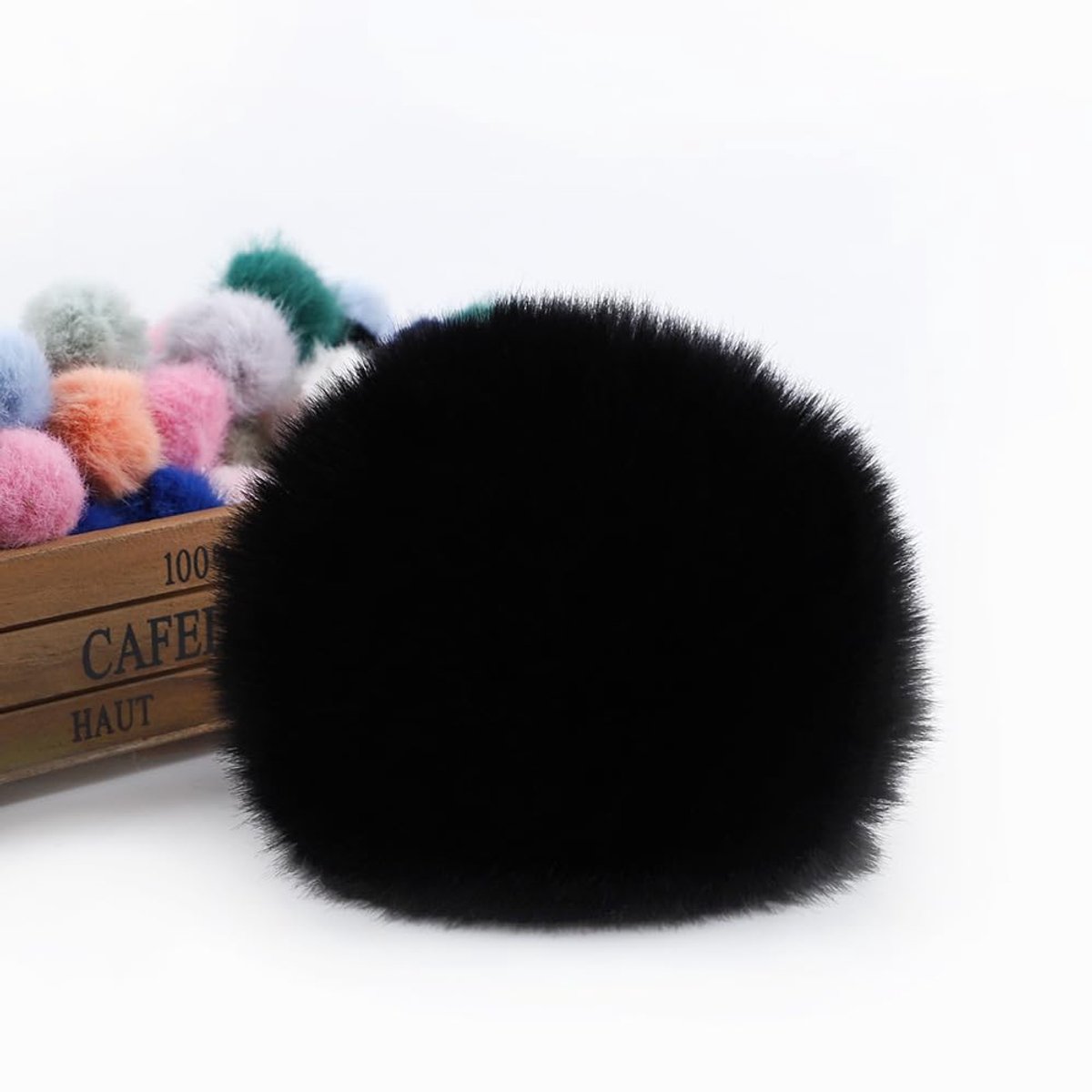 Pompon bontpompon 12 cm faux vossenbont bontpompon pluizige pluche ballen set om te knutselen, nepbont, pompon bal voor dames meisjes, tas, mutsen, hangers, decoratie, zwart
