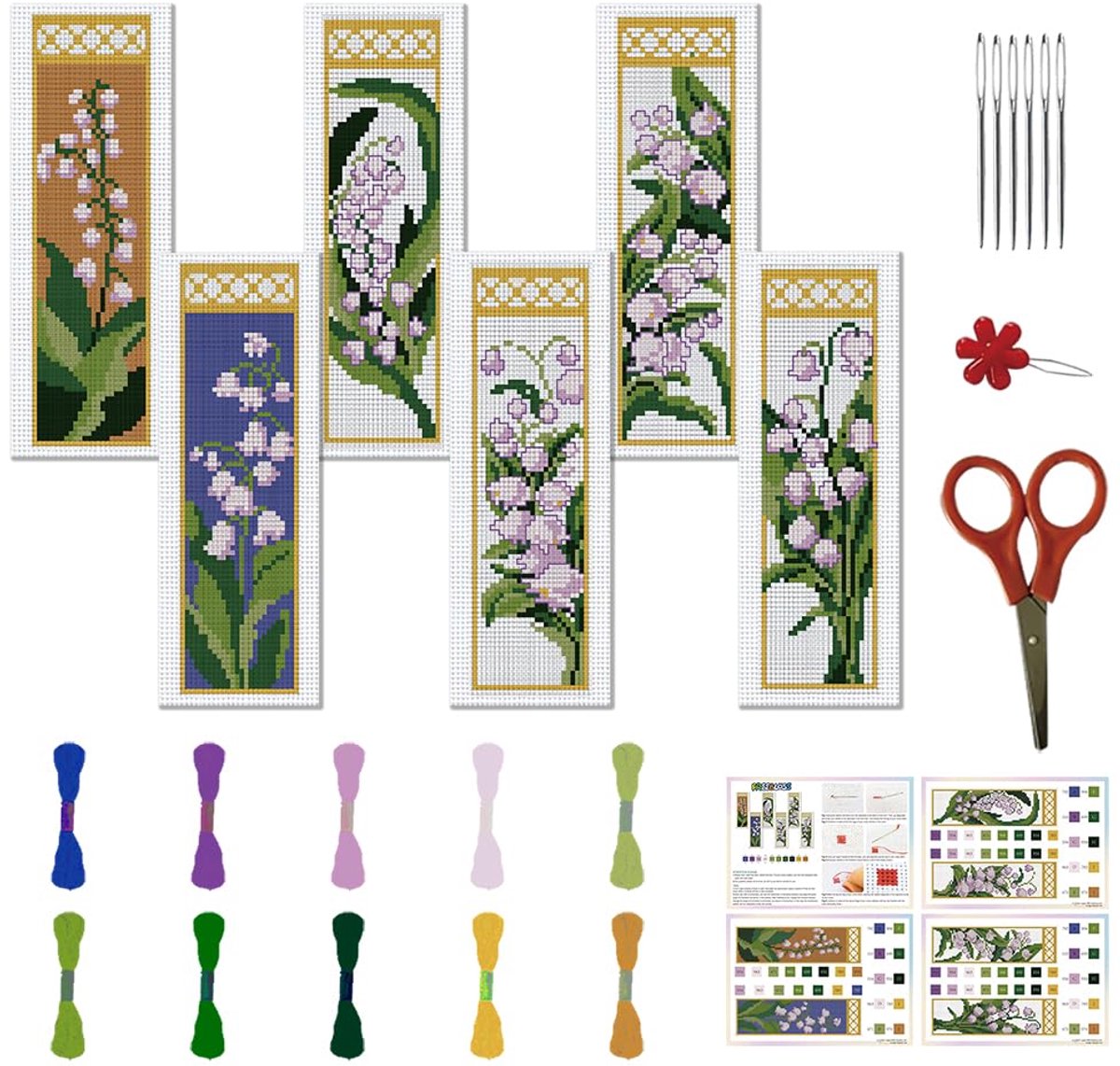 Set van 6 lelietje-van-dalen kruissteek bladwijzersets, bloemen, doe-het-zelf bladwijzers, kruissteeksets, gestempelde borduur bladwijzers, kruissteekset voor beginners en volwassenen, 22 x