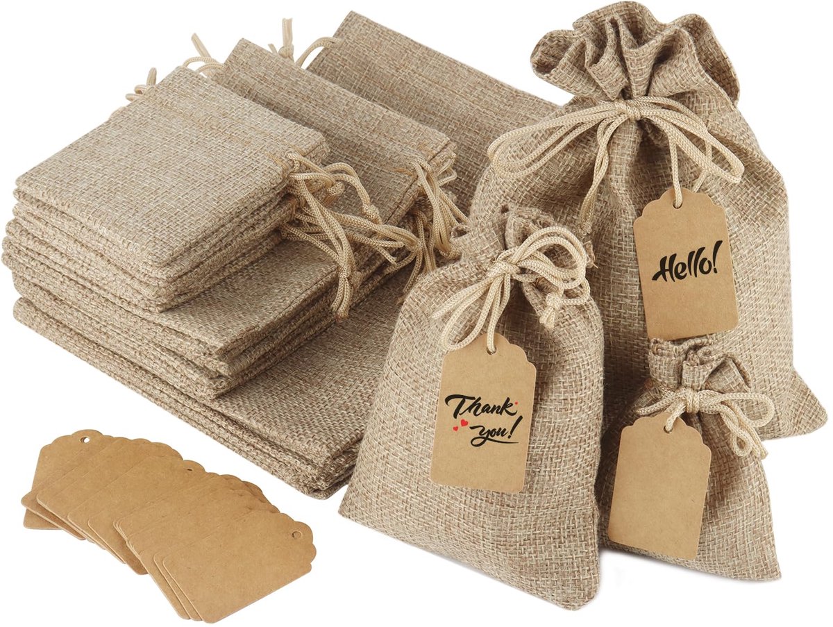 24 stuks jute zakjes, cadeauzakjes 7 x 9 cm/10 x 14 cm/15 x 20 cm, kleine herbruikbare zakjes om te vullen, stoffen zakjes, jute cadeauzakjes met trekkoord, voor sieraden, feesten, Kerstmis