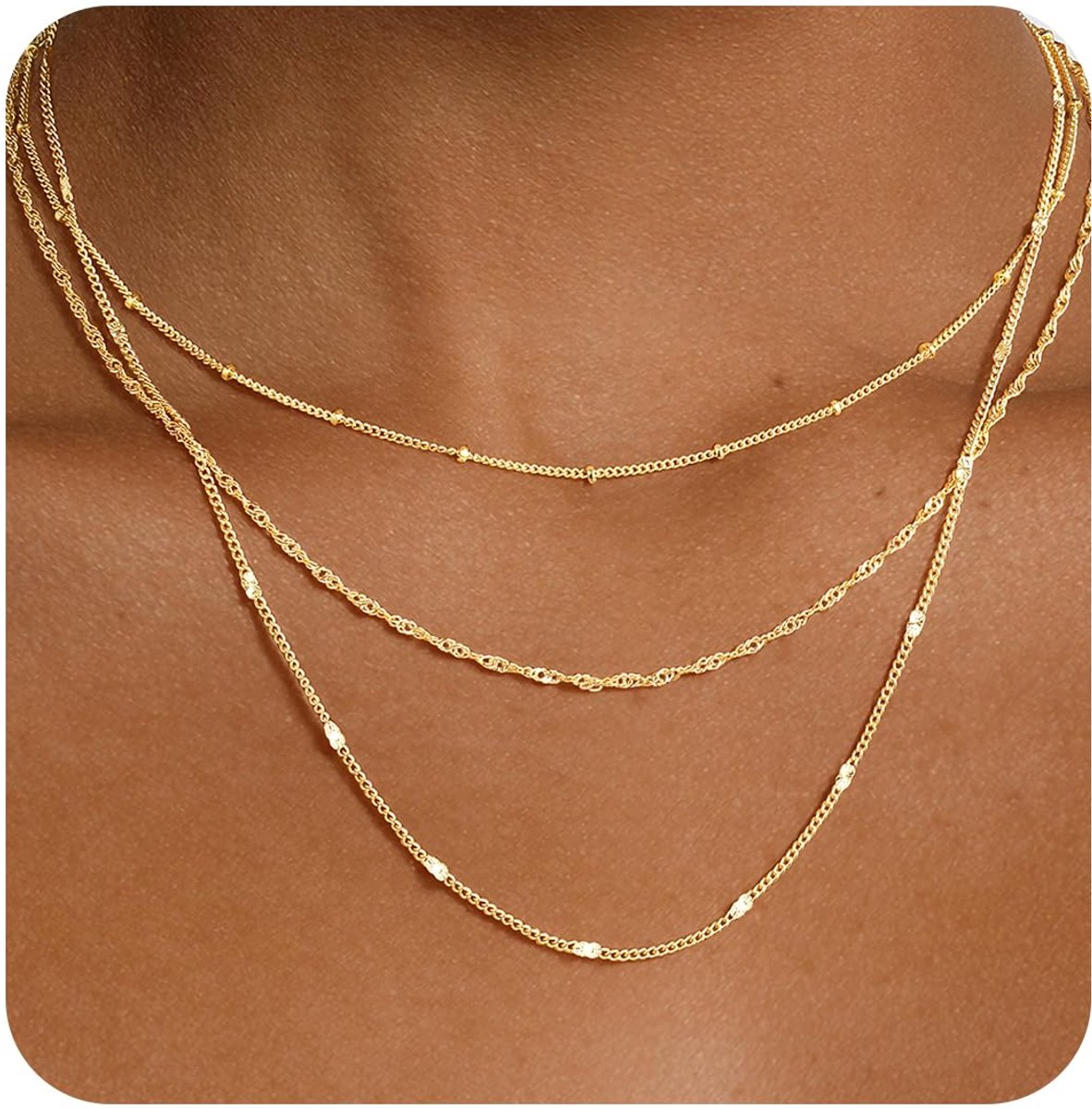 3 stuks ketting goudkleur dames 14K verguld gelaagde choker halsketting delicate dunne gouden ketting set met zirkonia schakels paperclips trendy sieraden cadeau voor vrouwen