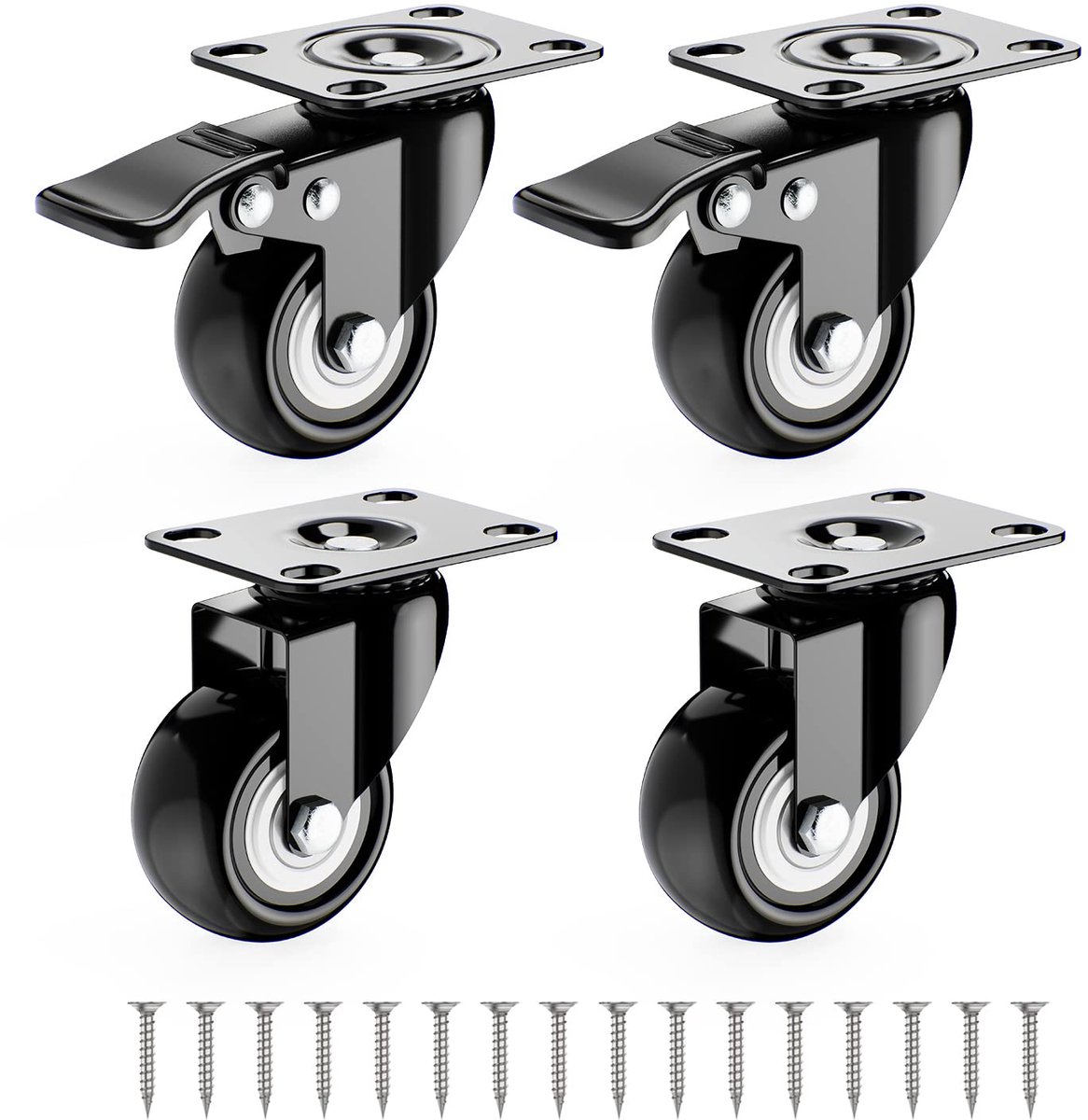 Zwenkwielen 50 mm, meubelwielen, zwart, wielen voor meubels 2 met remmen + 2 zonder remmen, zware wielen 50 mm, transportwielen, set van 4
