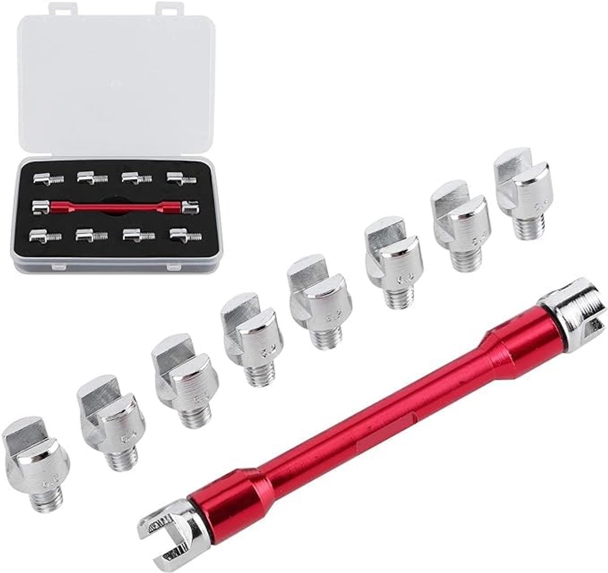 Spaaksleutelset, 10 maten 5,0-6,8 lengte 93 mm motorfiets spaaksleutel CNC-moersleutelset Dirt Bike spaaksleutel universele spaaknippel met transportkoffer (rood)