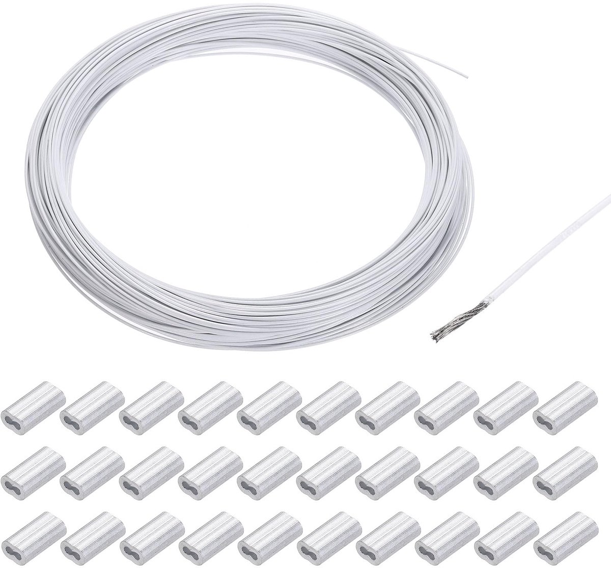 Draadkabel, roestvrij staal, 50 m x 0,8 mm, staalkabel met pvc-coating, met 30 aluminium hulzen, zekeringsdraad, hanger voor foto's, gordijn, leuningen, outdoor, tuinmeubelen, zonnezeil, wit