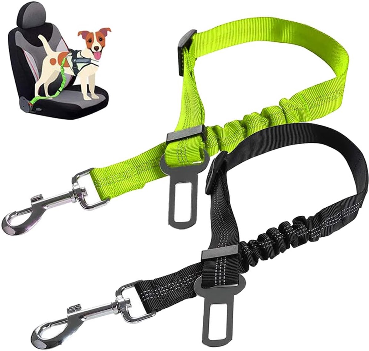 2 stuks verstelbare autogordels voor honden, nylon elastisch veiligheidsharnas voor honden, duurzame veiligheidsgordelclip lood huisdierautoharnas clip 360° draaibare huisdierveiligheidsgordels