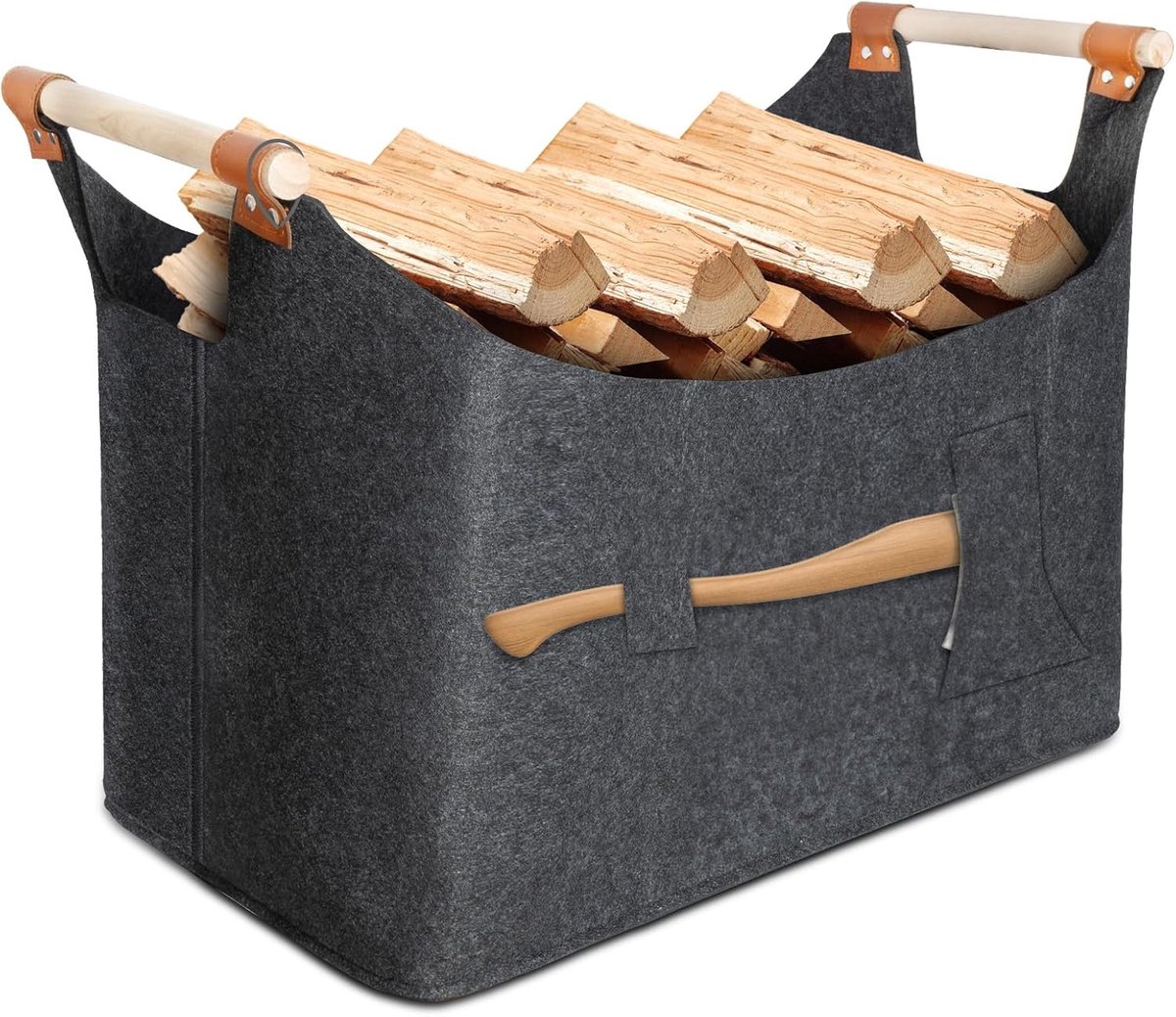 Tas voor brandhout, 55 x 40 x 32 cm, 70 liter, vilten houten mand, bijl kan worden geplaatst, voor de opslag van brandhout binnenshuis, houten mand enz