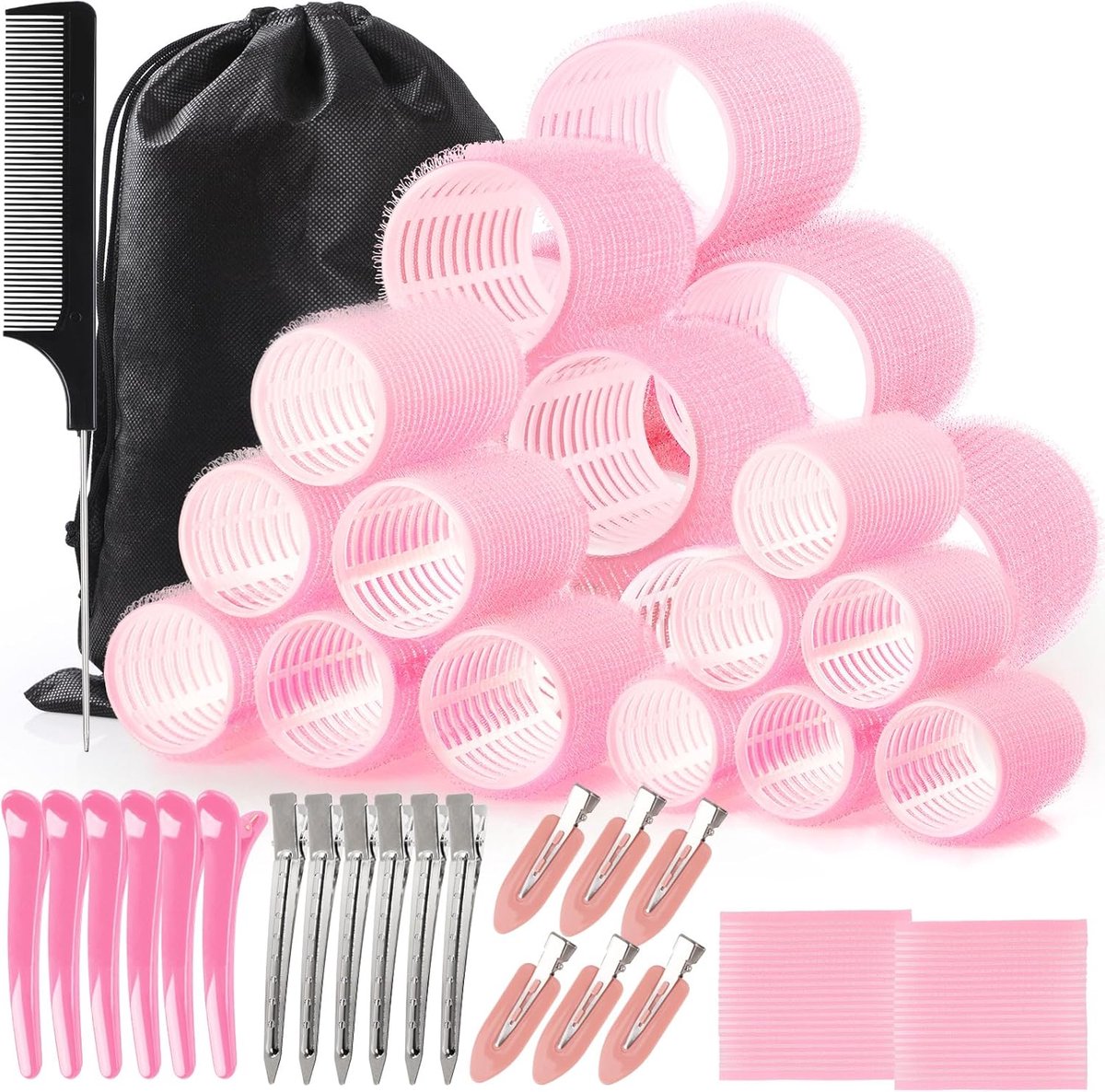 Krulspelden 45 stuks, 24 stuks 4 maten (55/45/36/25mm) met 18 clips, groot zelfklevend haarspeld, haarrollers voor lang, middellang & kort haar Roze