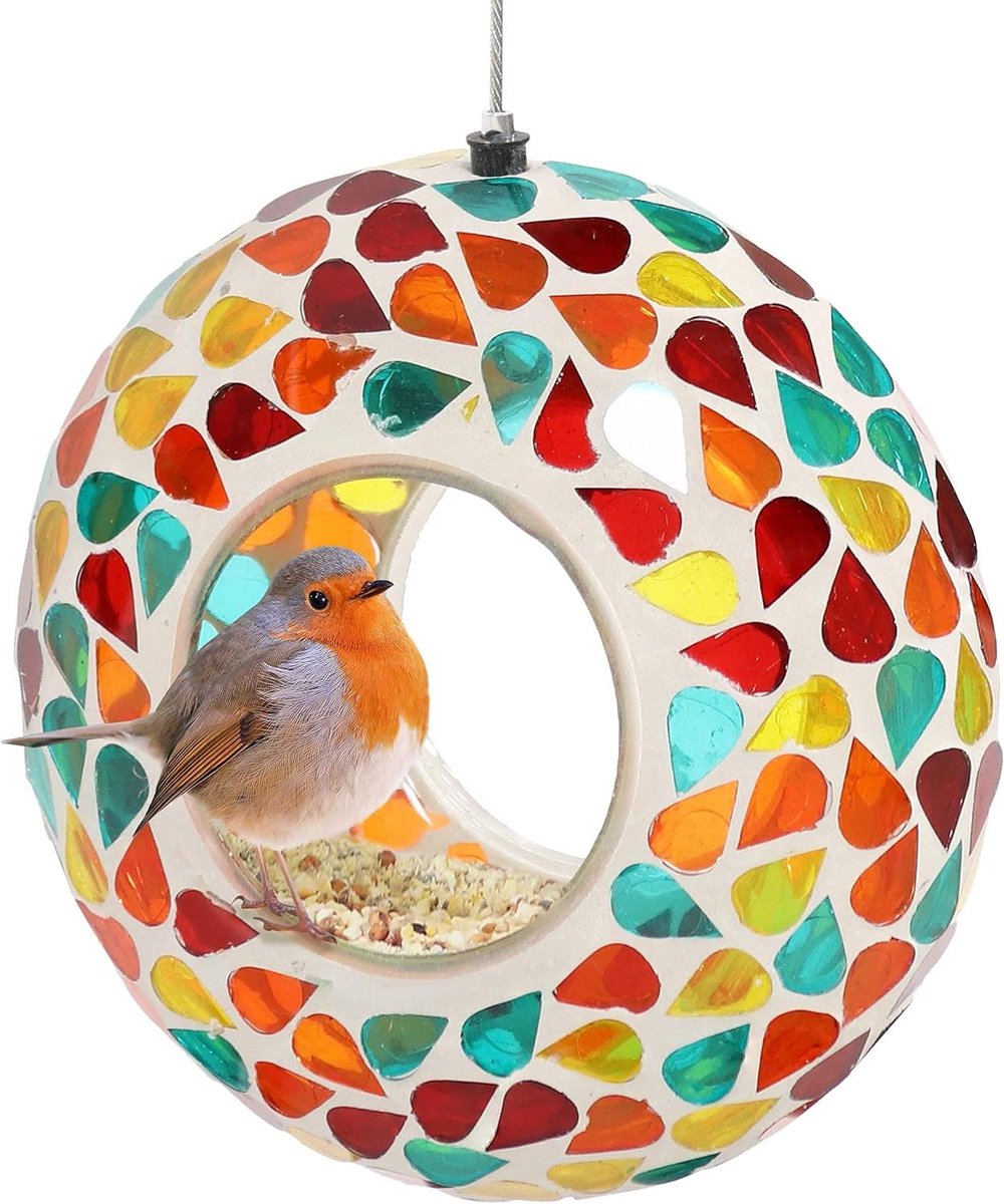 Glazen Vogelvoederbak - Voederhuisje Tuin - Vogels Voeren - Mozaïek Design - 6.5 inch diameter - Confetti Mozaïek